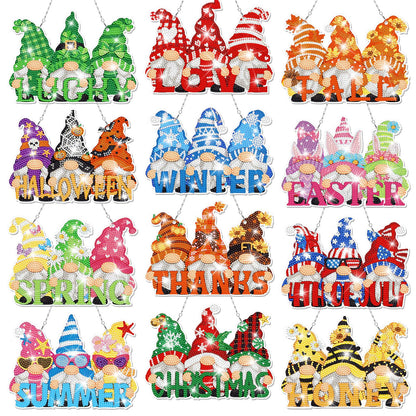 GlikCeil Gnomes 12 Pcs Seasonal Diamond Art Hanging Ornaments 5d DIY Diamond Painting Wreath Kits for Wall Door Decor Holiday Year-Round Seasonal Signs for Home Decoration