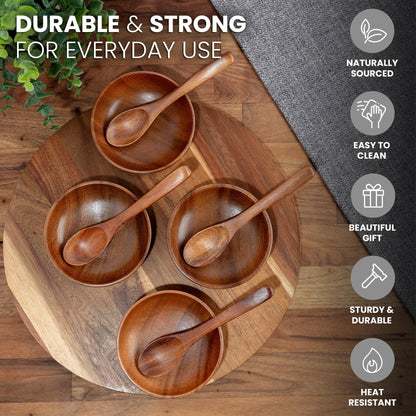 Zulay Kitchen Teak Wood Dipping Bowls with Spoons Set – 8 Piece Wooden Serving Set with 4 Mini Bowls and 4 Small Spoons, Handcrafted Natural Teak Wood, Durable & Smooth Finish