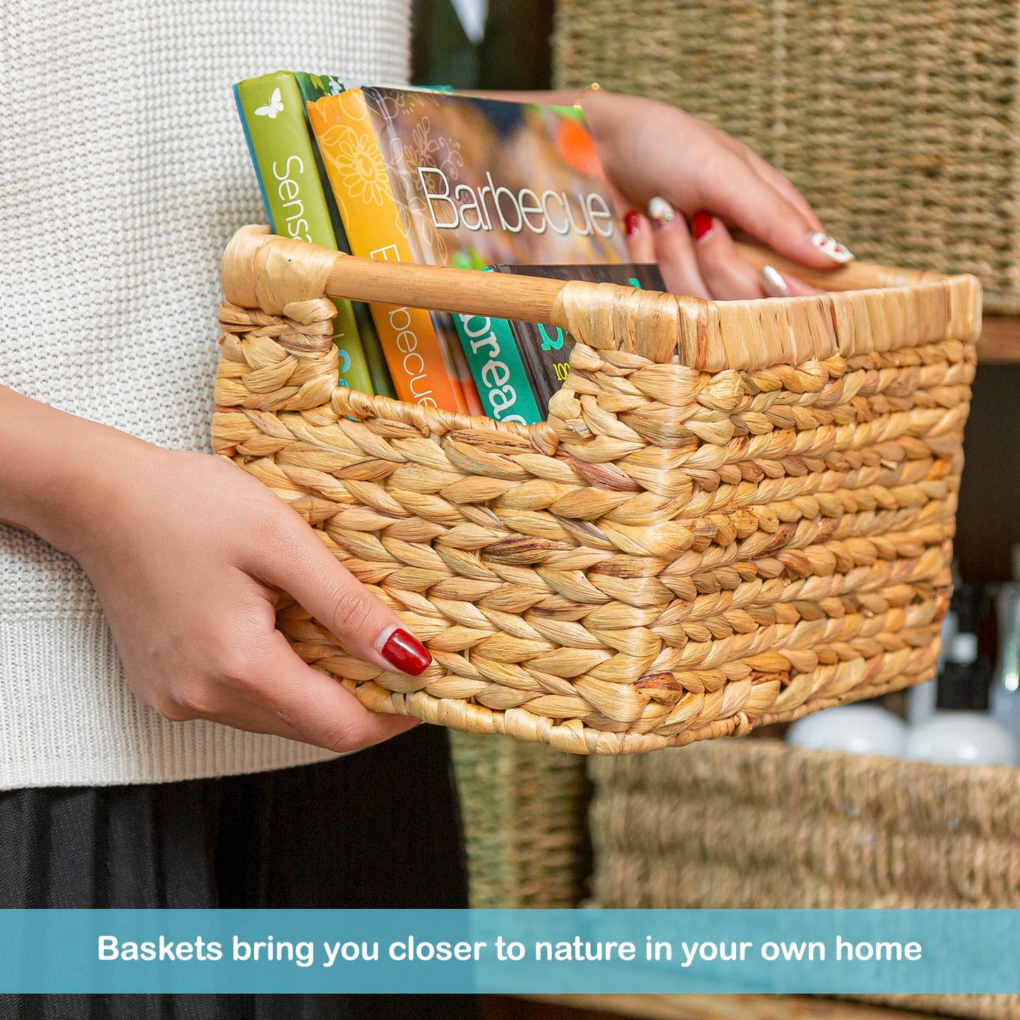 Small Wicker Baskets for Organizing Bathroom, Hyacinth Baskets for Storage, Wicker Storage Basket with Wooden Handle, Decorative Small Basket 10 x 7.5 x 6.3 inches - 3 Pack