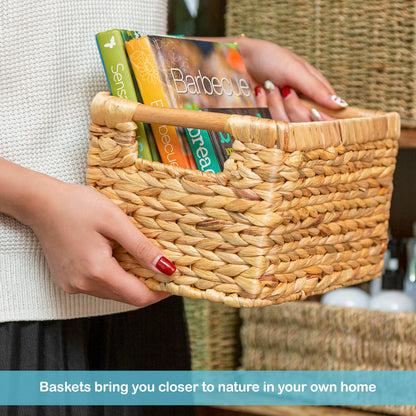 Small Wicker Baskets for Organizing Bathroom, Hyacinth Baskets for Storage, Wicker Storage Basket with Wooden Handle, Decorative Small Basket 10 x 7.5 x 6.3 inches - 3 Pack