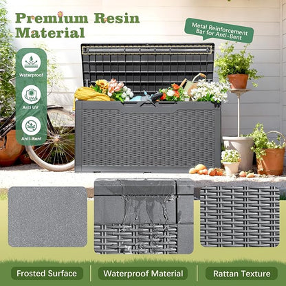 Flamaker Outdoor Storage Box 100 Gallon Waterproof Resin Deck Box Delivery Box with Air Rod Indoor Outdoor Lockable Storage Bench for Patio Cushions, Tools, Pool Accessories (Gray)