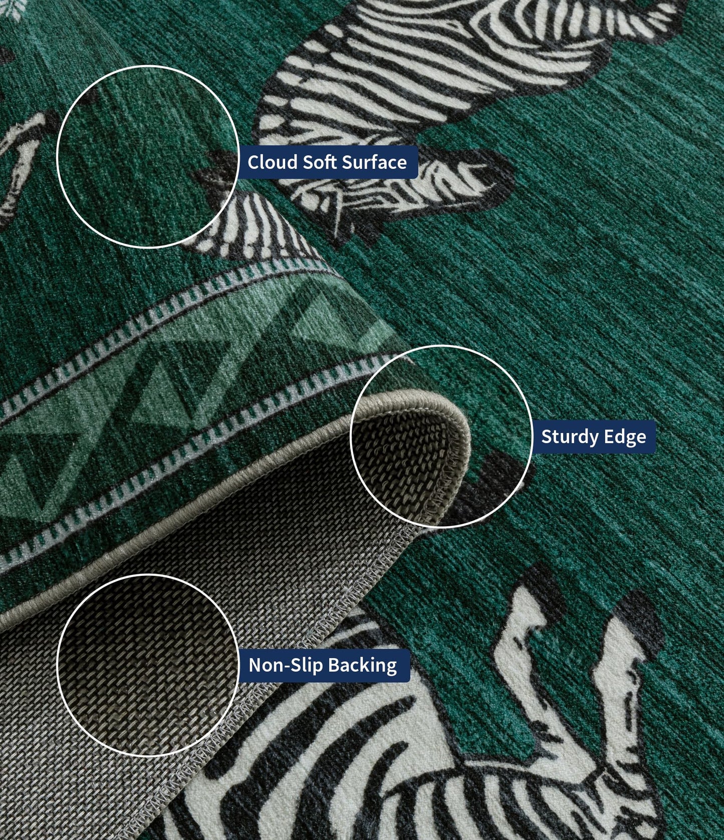 YIHOUSE Green Zebra Area Rugs 5×7, Washable Animal Print Rug with Southwestern Border, Non-Slip Low Pile Mid-Century Modern Carpet for Living Room, Bedroom, Dining Room