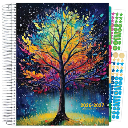 DELUXE TEACHER PLANNER Aug 2026-Jul 2027 8.5x11 Daily Weekly Monthly Organizers with 7 Periods, Pocket Folder, Dated Calendar, Page Tabs, Bookmark and Planning Stickers (Black Tree Seasons)