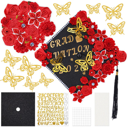 VISSTREE DIY Graduation Cap Decoration, 56 Pcs Cap Decorations for Graduation Kit 2026 DIY Grad Cap Graduation Gift with Red Paper Flowers 3D Glitter Butterfly Custom Number Letter Stickers Decor