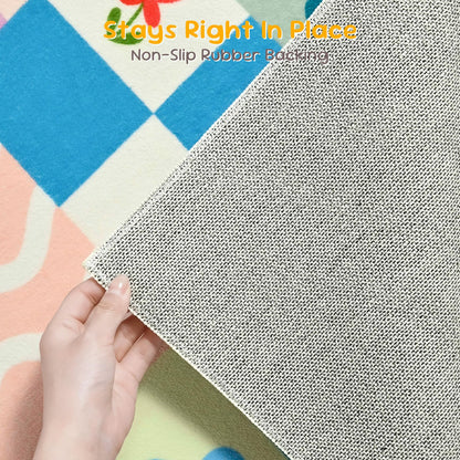 5x7 Washable Kid Bedroom Rug for Girls, Pink Baby Nursery Area Rug, Soft Non-Slip Toddler Playroom Carpet, Cute Colorful Strawberry Fruit Rainbow Checkered