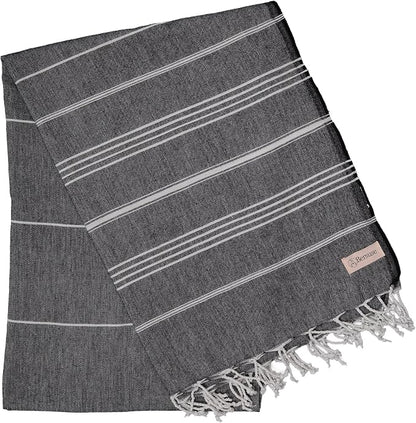 Bersuse Towels Anatolia XL Beach Blanket Throw Blanket Turkish Towel 100% Cotton Extra-Large Quick-Dry Lightweight Premium Peshtemal Towel - 61x82 Inches, Black