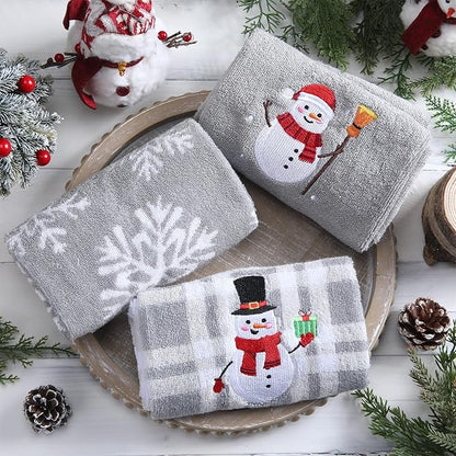 3 Pcs Winter Hand Towels for Bathroom Snowflake Snowman Embroidered Bathroom