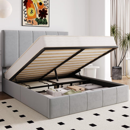 Allewie Queen Size Velvet Lift Up Storage Bed Frame, Vertical Channel Tufted Headboard, Hydrualic Underneath Storage, Upholstered Platform Bed, Wooden Slats Support, No Box Spring Needed, Gray