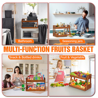 [Upgraded Length] 16.5-Inch Fruit Stand Storage Holder with 4 Sturdier Legs, 2-Tier Fruit Basket , Bamboo Fruit Bowl Holder for Fruit,Vegetables, Snacks, Home Kitchen Countertop Organizer (Walnut)