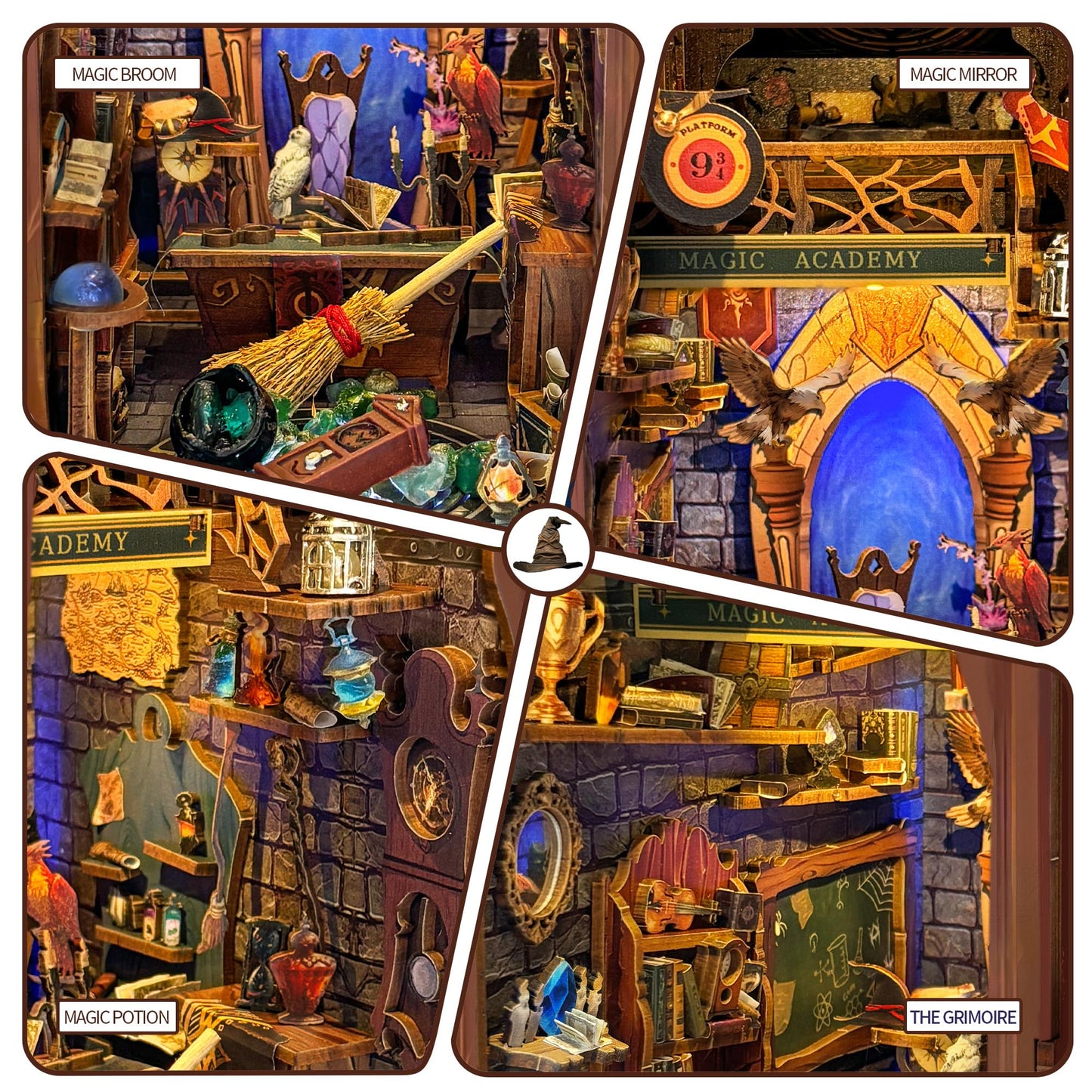 Magic Book Nook Kit with Remote Wand, 3D Wooden Puzzle, Dollhouse Miniature Booknook Kit Creative Bookend Bookshelf Decor for Adults Teens - Magic Academy(SQ-38)