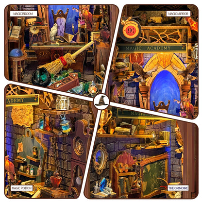 Magic Book Nook Kit with Remote Wand, 3D Wooden Puzzle, Dollhouse Miniature Booknook Kit Creative Bookend Bookshelf Decor for Adults Teens - Magic Academy(SQ-38)