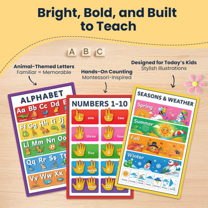 RYVE Educational Posters for Kids – 18 Laminated Preschool Posters for Classroom, Alphabet Poster, Numbers, Shapes – Toddler Learning Posters 1-3, Kindergarten, Homeschool Decor, Preschool Must Haves