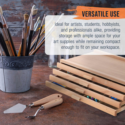 U.S. Art Supply 4-Drawer Artist Tool Supply Box with 5 Compartments per Drawer - Hardwood Art Box for Artist Supplies, Brushes, Pencils, Erasers, Tool Storage Organizer Case