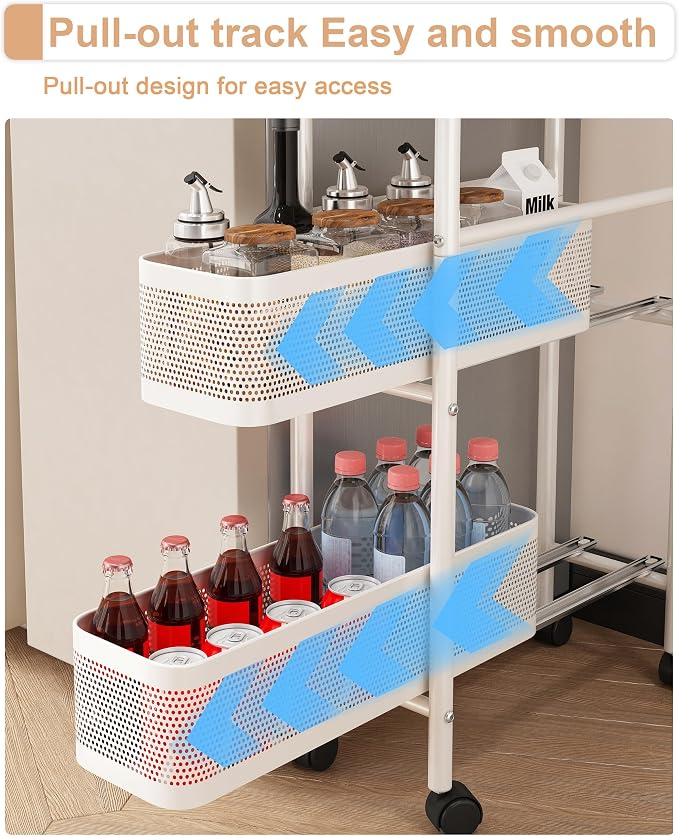 UMDONX Slim Storage Cart 5 Tier with Pull Out Basket Bathroom Organizer Rolling cart, Rolling Utility Cart Slide Out Organizer for Kitchen, Bathroom, Laundry White