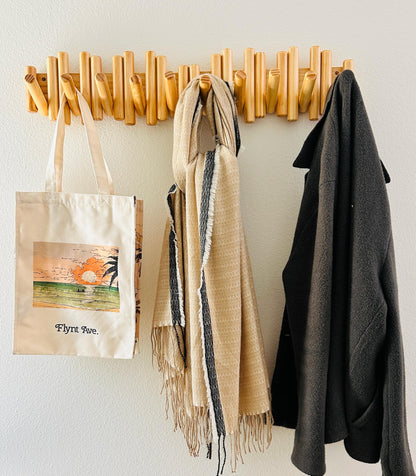 Flynt Ave. Modern Wooden Wall Mounted Coat Rack, 5-Hooks, Decorative Wall Hooks for Purse, Bags & Hats, Heavy Duty, Sturdy, Natural Pine Wood, Pull Down Hooks, Easy to Install