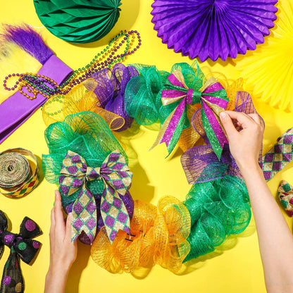 Jutom 7 Rolls 35 Yards Mardi Gras Wired Edge Ribbons Metallic Poly Mesh Purple Gold and Green Stripe Ribbon Glitter Metallic Wrapping Decor for Mardi Gras Masquerade Party Decoration