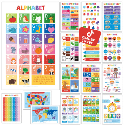 UNCLE WU 16 Pack Laminated Educational Posters for Toddlers, 17 x 11 Preschool Classroom Posters with ABC Alphabet, Numbers 1-100, Shapes, Colors, USA & World Maps, Homeschool Supplies