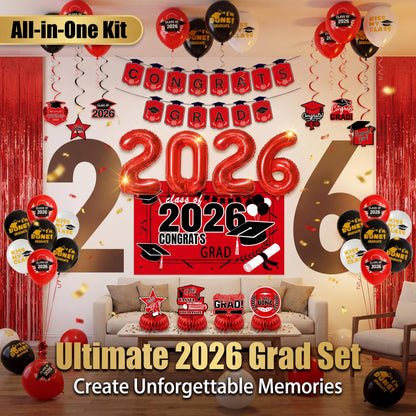Graduation Party Decorations 2026–Black Red Grad Banner, Class of Backdrop, Balloons, Fringe Curtains and Foil Balloon, Streamers Kit–Complete Graduation for High School & College Celebrations (Red)