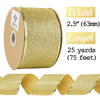 MEEDEE Gold Wired Ribbon 2.5 Inch Metallic Thick Glitter Ribbon by 25 Yards for Christmas Tree Decoration, Garland, Wreath Supplies
