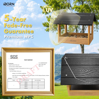 iBorn Pavilion Bird Feeder, Covered Platform Bird Feeder for Outdoors Hanging, WPC Recycled Plastic & Waterproof, Black