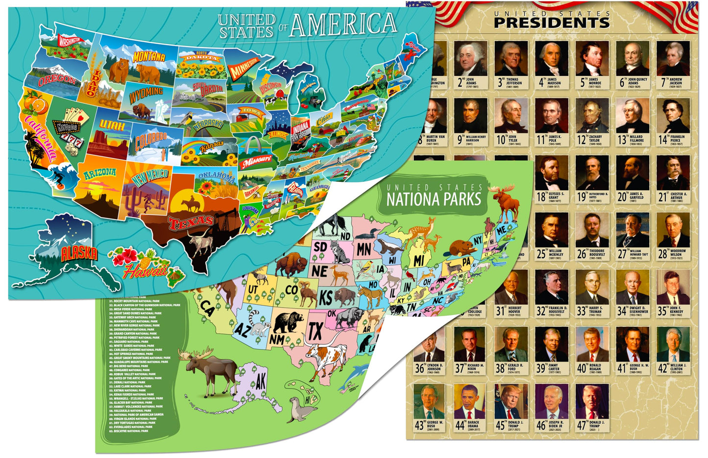 USA Educational Poster Set for Kids – 3-Pack Includes United States Map, Presidents of the USA, and National Parks with State Animals – 16x24 Classroom Wall Posters for Homeschool & Geography Learning