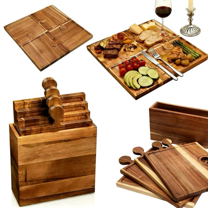 Acacia Wood Charcuterie Boards, Set of 4, Interlocking Serving Tray with Storage Box, Party Appetizer Tray with Handles, Ideal Wine Gifts & Accessories