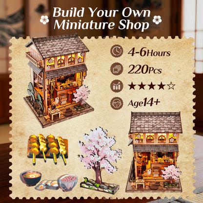 Reenovan Book Nook Kit, DIY Miniature House Kit for Adults & Teens, Japanese Street Shop Scene Bookshelf Insert Decor with LED, 3D Wooden Puzzle Gift for Book Lovers (Sakura Street Shop)
