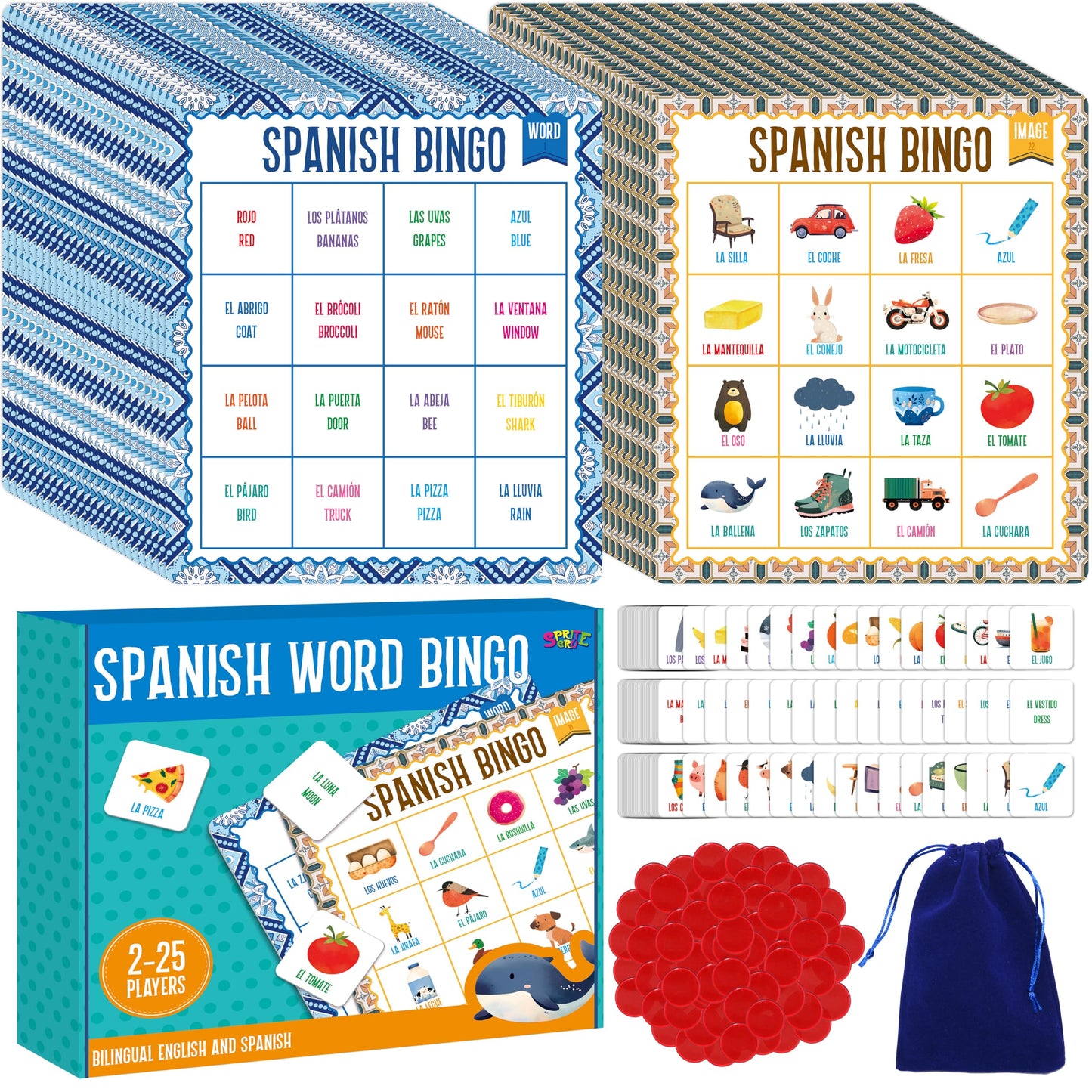 SpriteGru Spanish Bingo Game, 25 Bingo Board Spanish & English Vocabulary Word Game Bilingual Educational Toys for Language Learning - Ages 5 and up (Up to 25 Players)