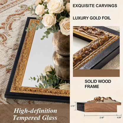 Autdot 52"x36" Wall Mirrors Decorative, Black Bathroom Vanity Mirror with Gold Foil Carvings Wooden Frame for Living Room, Entryway and Bedroom