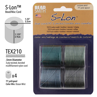 The Beadsmith S-Lon Bead Cord – .5 mm Twisted Nylon Cord for Stringing, 4-Pack, Ocean Mist Mix, TEX210, 77 Yards per Spool
