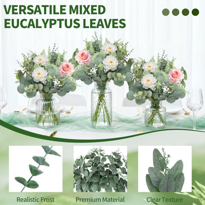 Hoplito 150 Pcs 7 Kinds Mixed Artificial Eucalyptus Leaves Stems Bulk, Fake Greenery Plants Faux Silver Dollar Eucalyptus Leaves for Wedding Vase Bouquet Floral Arrangement Centerpiece Home Decor