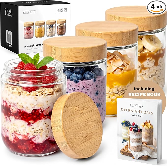 EDELHAUS Overnight Oats Containers with Lids Bamboo (4 x 16oz) Glass Jars for Oatmeal, Meal Prep, Food Storage | Leak-Proof Mason Jars for Oats, Cereal, Yogurt, Chia Pudding [Thicker Glass 3mm]