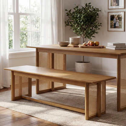 Merax Rustic Wooden Rectangular Kitchen Bench with Rattan Accents Legs, Farmhouse 59.06''L Dinning Bench for Living Room, Kitchen, Dining Room,300 lbs Capacity, Natural