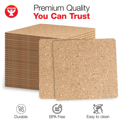 Hygloss Products Natural Cork Coasters - Eco Friendly Absorbent Square for Drinks, Trivets, and DIY Crafts, 3mm, 6 inch, Set of 6