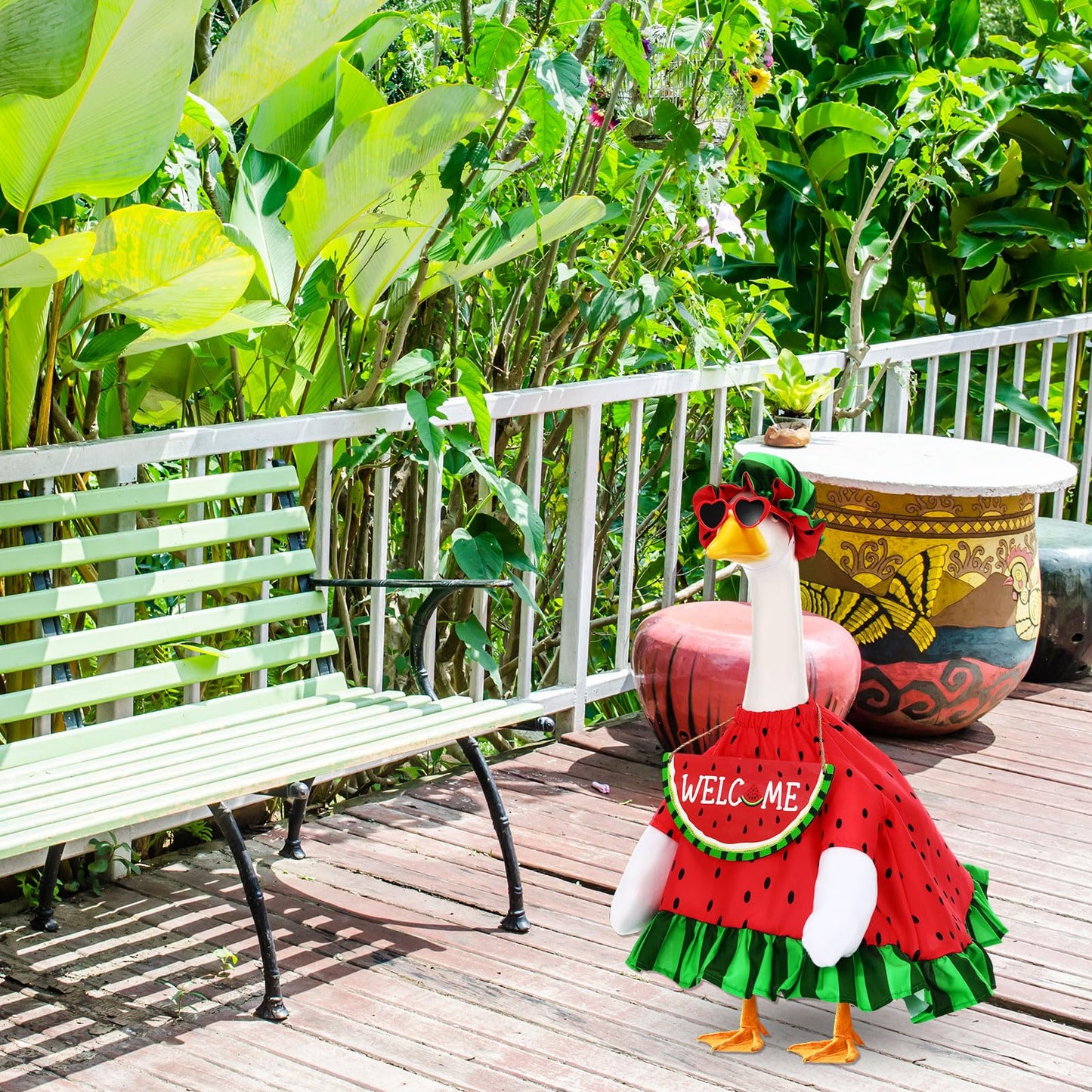 Sunnymove Summer Watermelon Porch Goose Outfits Summer Dress with Frilled Hat & Skirt Welcome Wooden Sign Fits 23" Cement Goose Statue Outdoor Garden Yard Patio Lawn Decor(Watermelon)