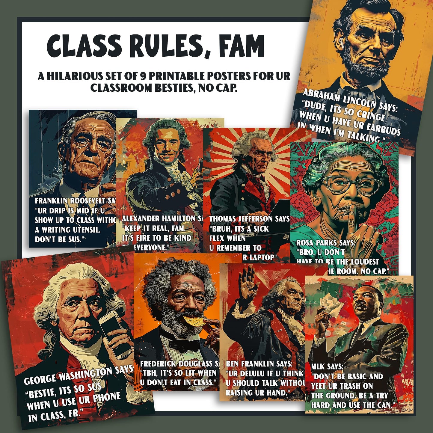 Funny U.S. History Classroom Rules Posters - Set of 9 Unframed 11x14 American History Wall Art | Social Studies Classroom Decorations for Teachers | Bulletin Board Decor