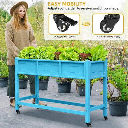 DWVO Raised Garden Bed HDPE with Wheels 47x18x31in Weather-Resistant Poly Wood Raised Planter Box Outdoor with Legs, Elevated Garden Bed for Patio Balcony Backyard, Blue