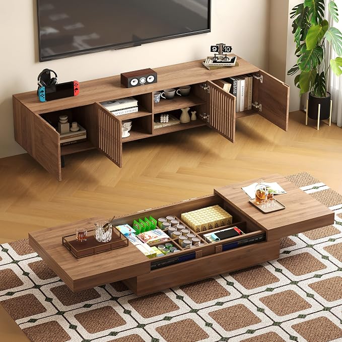 Mid-Century Modern Expandable Coffee Table & TV Stand Set, Walnut Finish – Elegant Storage Combo for Living Room, Bedroom, or Lounge (70.87" TV Stand+Coffee Table)