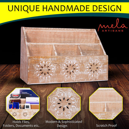 Mela Artisans Serena 13" x 8.5" Whitewash Wooden Desk Organizer – Mango Wood Mail Holder with 5 Compartments for Home Desk Organization, Mail Storage & Rustic Office Decor