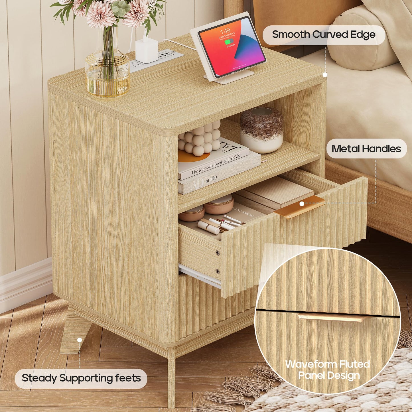 Turosur Night Stand with Charging Station, Fluted Nightstand with 2 Drawers, Wood Bedside Table with Open Storage, Modern Nightstands for Bedroom, Natural