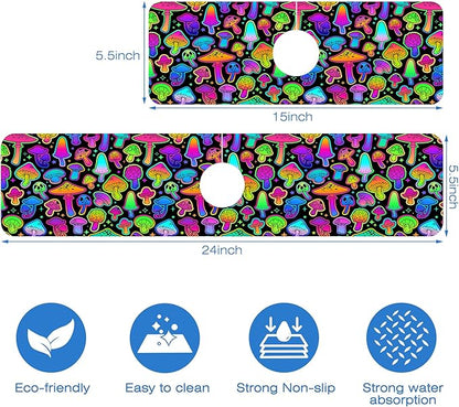 Bright Neon Mushroom Kitchen Sink Splash Guard Absorbent Fast Drying Mat Faucet