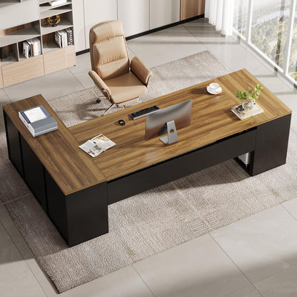 Tribesigns 85.8-Inch L-Shaped Executive Desk, Extra Large Modern Office Desk with File Drawers, Door Cabinet & Shelves, Commercial Office Table, Home Business Workstation, Brown & Black