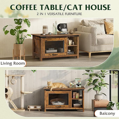 WLIVE Coffee Table with Storage, Modern Coffee Table with Flip-up Door, 2-in-1 Center Table Cat House Furniture for Living Room, Home, Rustic Brown