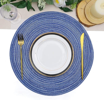 SHACOS Round Braided Placemats Set of 8 Round Table Mats for Dining Tables Washable Fabric Kitchen Table Place Mats (Blue White, 8)