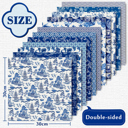 Whaline 24 Sheets Chinoiserie Pattern Paper 12 Design Blue China Scrapbook Specialty Double-Sided Collection Oriental Decorative Craft Paper for DIY Card Making Photo Album Journal Decor