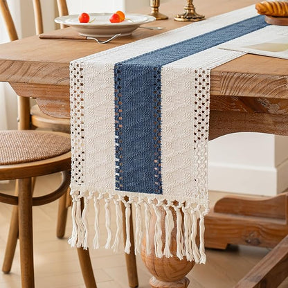 FEXIA Boho Blue Table Runner 60 Inches Long with Tassels Macrame Farmhouse Summer Style Graduation Party Rustic Wedding Baby Shower Dining Kitchen Living Room Decor (12x60 Inches)