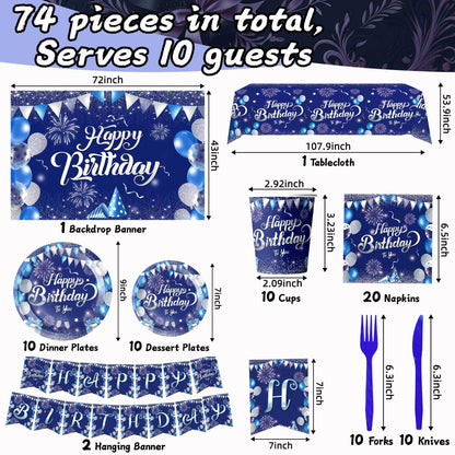 74 Pcs Blue Sliver Happy Birthday Party Supplies Disposable Tableware Set Included Plates, Cutlery, Cups, Napkins, Tablecloth, Banner, Backdrop - Serves 10
