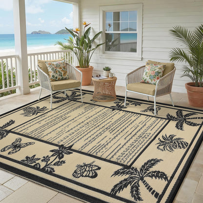Garvee Outdoor Rug 5x8 Waterproof for Patios, Reversible Plastic Straw Rug, Tropical Leaf Indoor Outdoor Rugs, Large Area Rug for RV, Camping, Deck, Picnic Mat, Outside Carpet, Black & Brown
