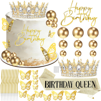AMZVALU Crown & Birthday Sash for Women - Gold Crown Happy Birthday Cake Topper Candle Balls Butterfly | Corona Para Pastel | Sweet Crown Decoration for Queen Princess Bride Wedding Prom (Gold, White)