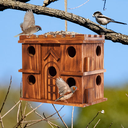 MIXUMON Wooden Bird Houses for Outside – 9 Rooms Large Bird House, Carbonized Pine Rustic Finish, 1.5" Entrance Holes, Cleaning Doors, Outdoor Birdhouse Nesting Box (Rustic, 9 Rooms)